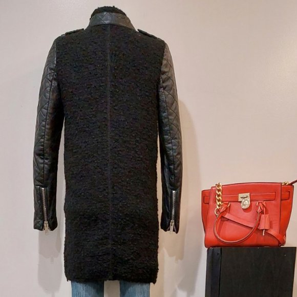 💥EDGY CHIC💥QUILTED LAMBSKIN LEATHER SLEEVES MOHAIR MOTO COAT in BLACK - Picture 10 of 16